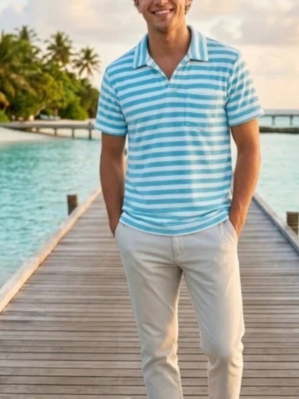 Criquet Terrycloth Striped Men's Polo T-Shirt Printed Short Sleeve Blue S 290273